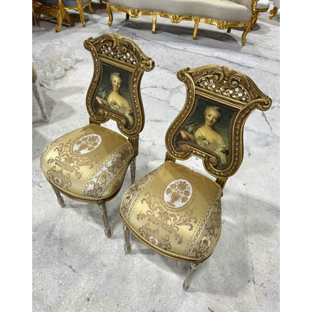 French Rococo Gold Accent Chair With Lady Portrait Set of 2 For Sale In Miami - Image 6 of 10
