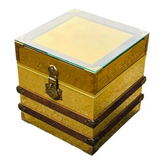 Vintage Brass & Glass Treasure Chest Trunk or Side Table – Cedar-Lined With Lock & Key For Sale