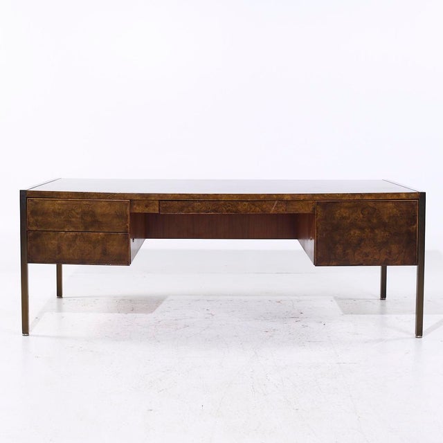 Mastercraft Style Mid Century Burlwood and Brass Executive Desk This desk measures: 78 wide x 38 deep x 28.5 high, with a...