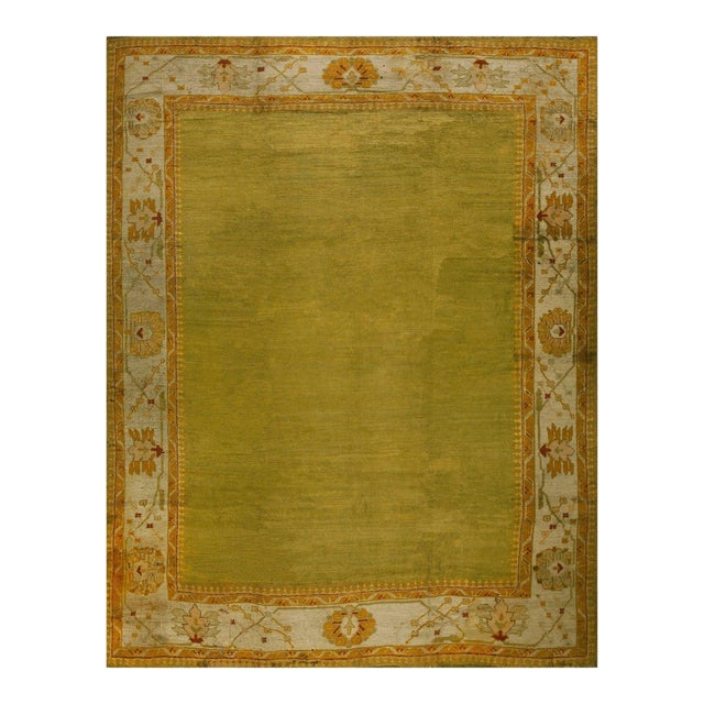 Decorative Green Color & Ivory Border Allover Pattern Antique Turkish Oushak Rug For Sale