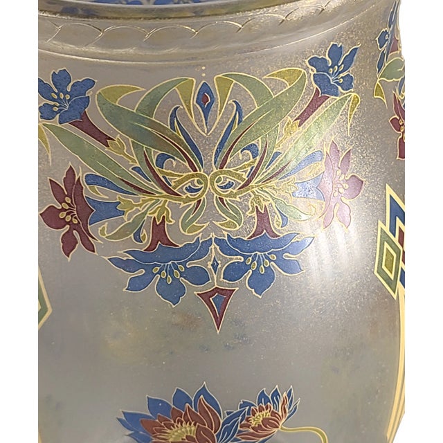 Early 20th Century Art Deco Hand Painted Enamel Lucky Lotus Flowers Venetian Glass Vase, Made in Italy For Sale - Image 6 of 8