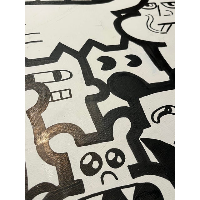 Vintage Black and White Cats Pop Art Graffiti Acrylic on Canvas Signed Unframed For Sale - Image 4 of 5