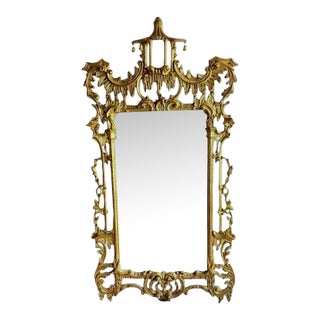 Vintage Gold Gilt Hollywood Regency Chinese Chippendale Style Pagoda Carved Wood Wall Mirror For Sale