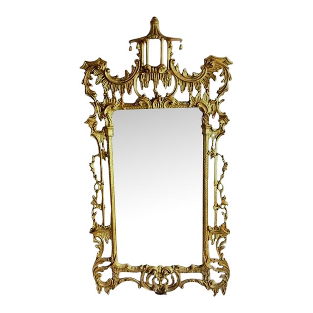 Vintage Gold Gilt Hollywood Regency Chinese Chippendale Style Pagoda Carved Wood Wall Mirror For Sale