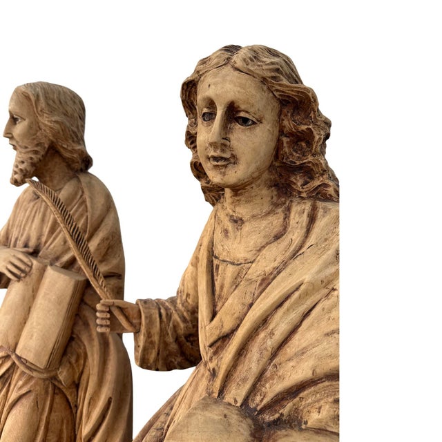 Antique Italian man and woman representing reading and writing Hand carved solid wood Sculptures with glass eyes.