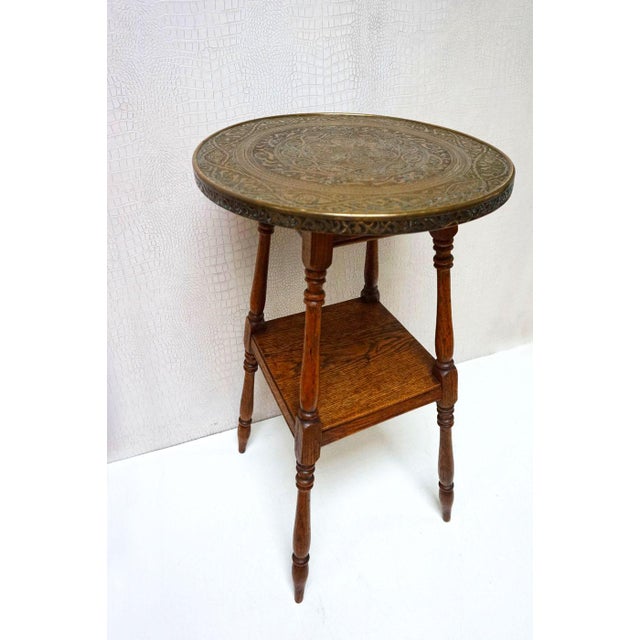 Antique Oriental Islamic engraved copper occasional side table/plant table with solid oak wooden base