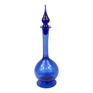 Vintage Blenko Glass Mid-Century Modern Cobalt Blue Art Glass Decanter With Stopper For Sale