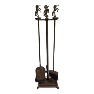 Vintage Brass Unicorn MCM Fireplace Tool Set 3-Pc + Extra Topper 31” For Sale