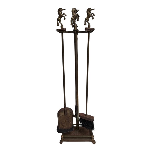 Vintage Brass Unicorn MCM Fireplace Tool Set 3-Pc + Extra Topper 31” For Sale
