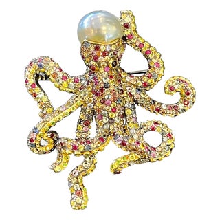 Bochic "Orient" Vintage Fancy Sapphire & South Seal Baroque Pearl Brooch For Sale