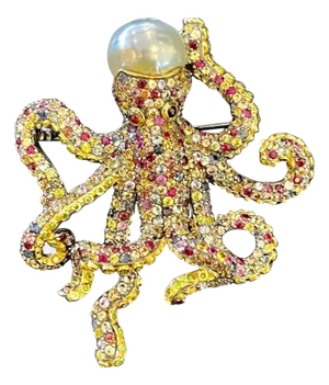 Bochic "Orient" Vintage Fancy Sapphire & South Seal Baroque Pearl Brooch