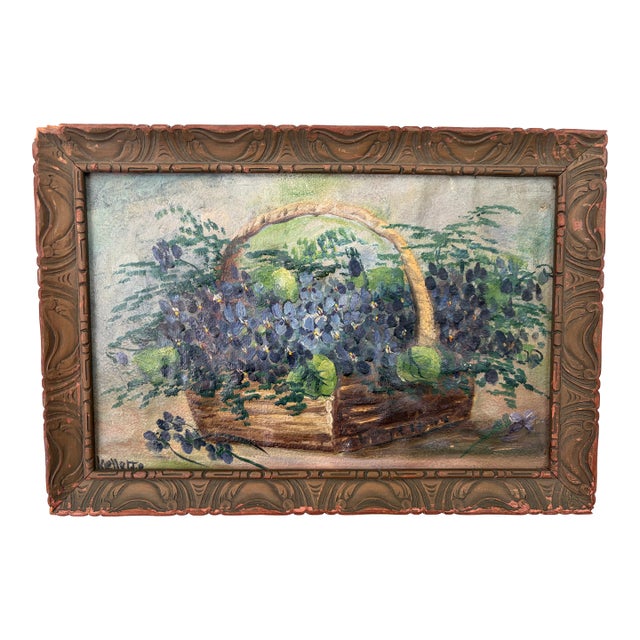Vintage Still Life Oil Painting - Basket of Violets & Fruit, Carved Wood Frame For Sale