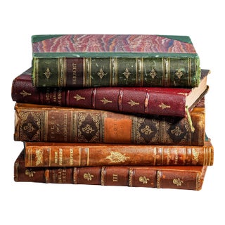 Set of 5 Charming Collection of Antique Leather Spine Books Victorian Office Home Decor For Sale