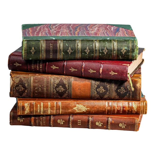 Set of 5 Charming Collection of Antique Leather Spine Books Victorian Office Home Decor For Sale