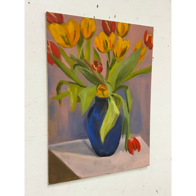 Realism Original Tulips in Blue Vase Still Life Painting For Sale - Image 3 of 12
