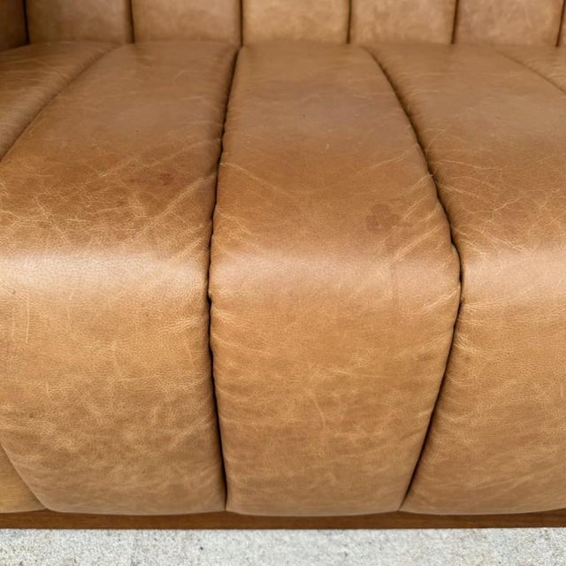 Cb2 Forte 81-Inch Channeled Saddle Leather Sofa With Walnut Base For Sale - Image 15 of 16