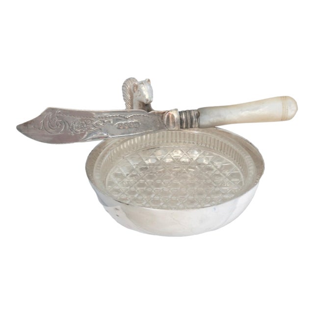 English Silver-Plate Squirrel Dish W/ Pearl Handled Butter Knife For Sale