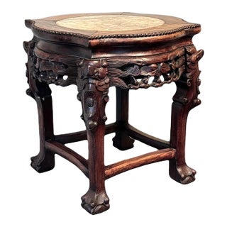 Antique Chinese Rosewood and Marble Taboret Side Table / Pedestal / Stool With Foo Dogs For Sale