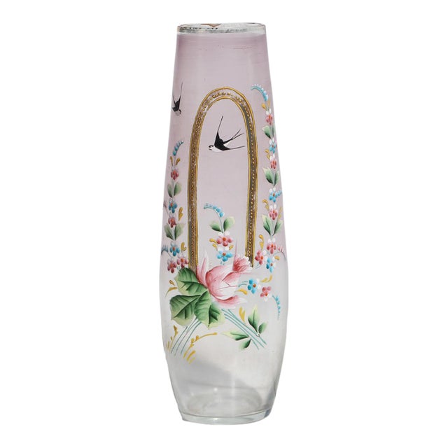 1920s Art Deco German Bavaria Hand Painted Glass Vase Depicting Swallows Birds and Flowers For Sale