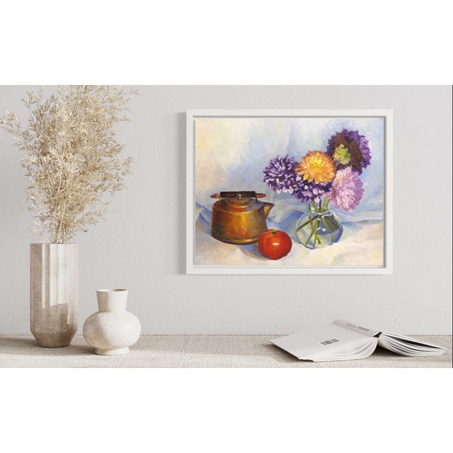 Immerse yourself in the warm, inviting ambiance of "Dahlia's from Home," a captivating still life oil painting that brings...