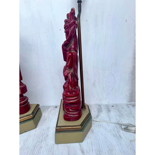 Fine Antique Carved Wood Chinese Immortals Fisherman and Deity Cinnabar Style Finish Pair Lamps For Sale - Image 11 of 12