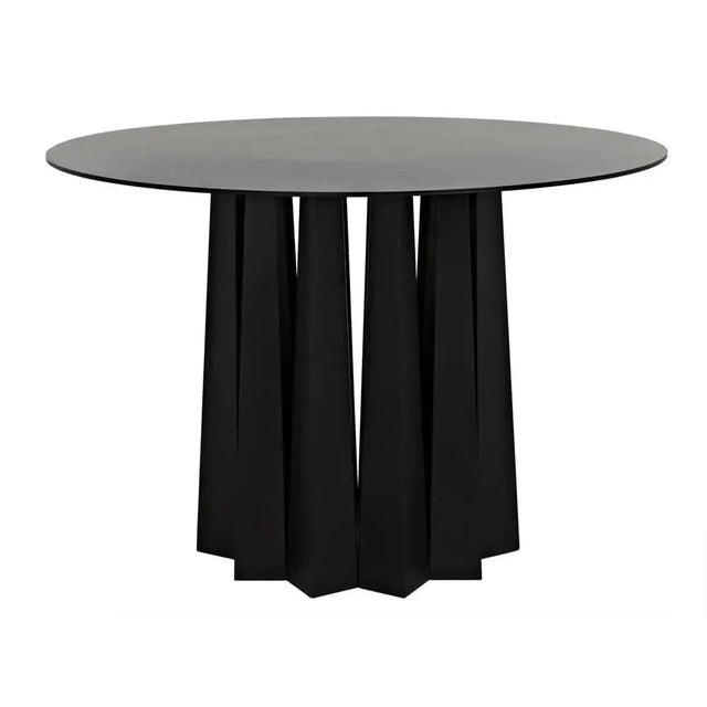 Black finished industrial steel is artisan fashioned into this 44" dining table with multiple tapered square legs...