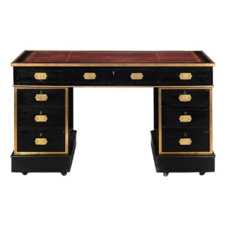 Antique Campaign Ebonized Pedestal Desk, 19th Century For Sale