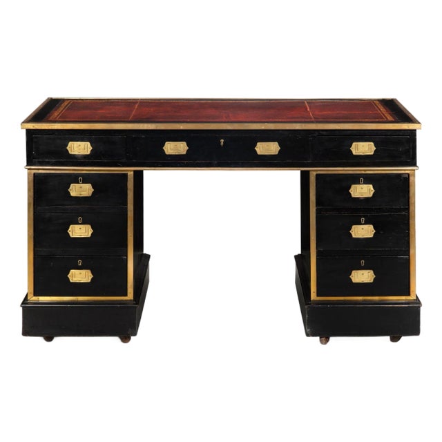 Antique Campaign Ebonized Pedestal Desk, 19th Century For Sale