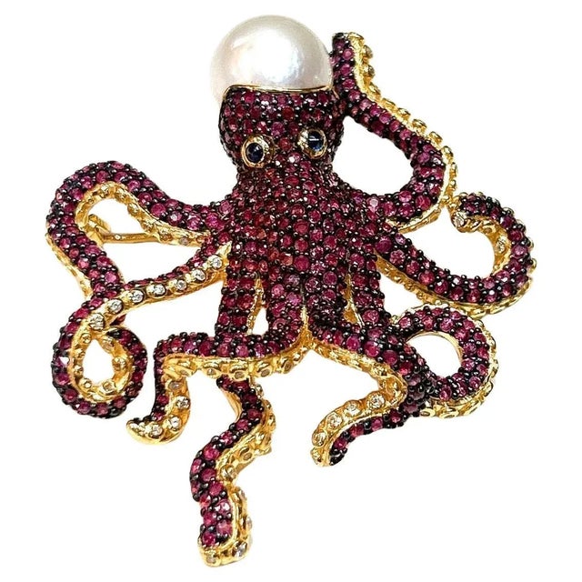 Bochic “Orient” Pink Sapphire & South Sea Pearl Brooch Set 18K Gold & Silver For Sale In New York - Image 6 of 8