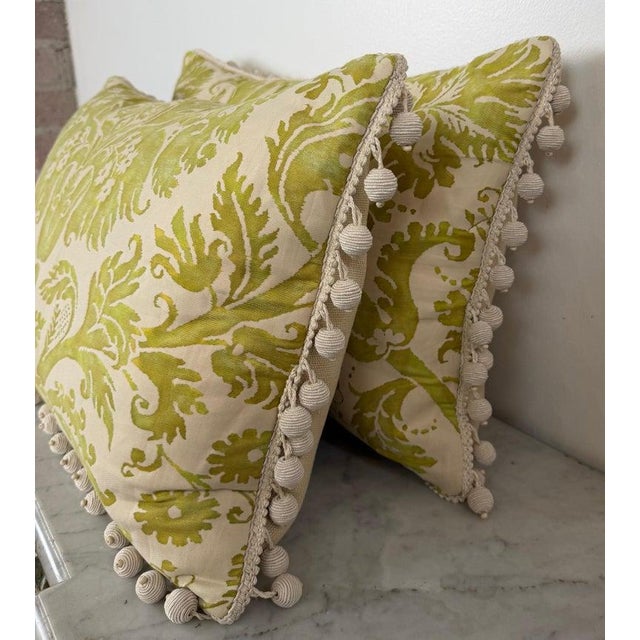 Avocado Pair of Mariano Fortuny Pillows - With Designer Pom-Pom Trim For Sale - Image 8 of 18