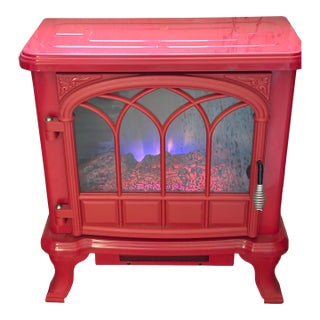 Vintage Red Metal Electric Faux Fireplace Heater For Sale