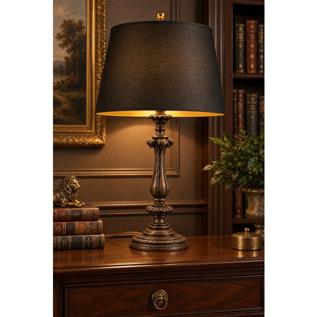 A dramatic vintage Neoclassical table lamp defined by an elongated fluted baluster body, sculptural acanthus-leaf...