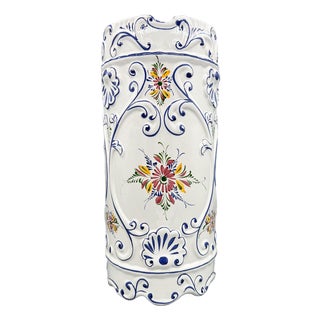 Vintage Portuguese Hand-Painted Floral Ceramic Umbrella Stand – Mediterranean / Traditional For Sale