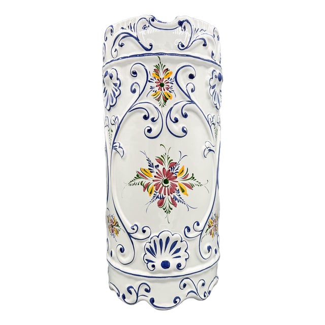 Vintage Portuguese Hand-Painted Floral Ceramic Umbrella Stand – Mediterranean / Traditional For Sale