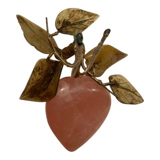 Asian Rose Quartz Carved Plum Fruit Hard Stone Leaves For Sale