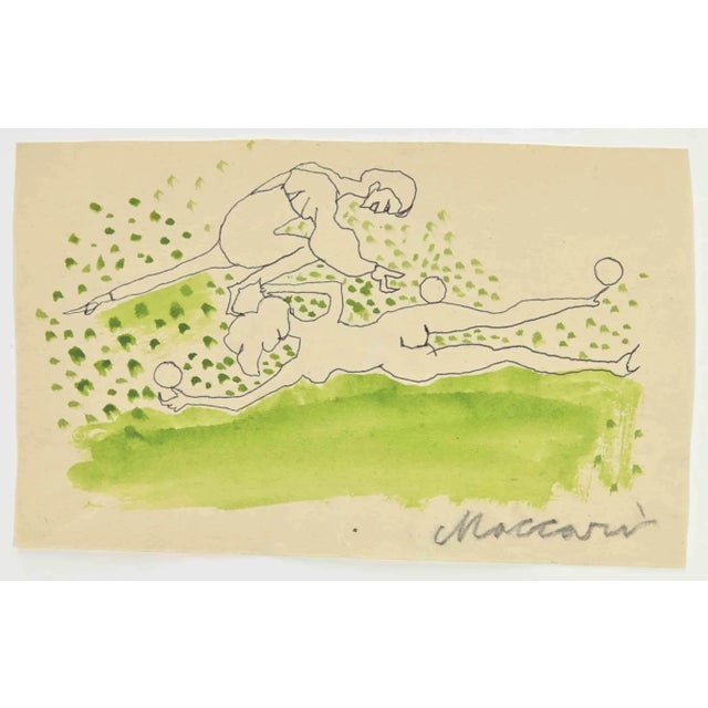 Fantasy in Green is a Pen and Watercolor Drawing realized by Mino Maccari (1924-1989) in the 1960s. Hand-signed on the...