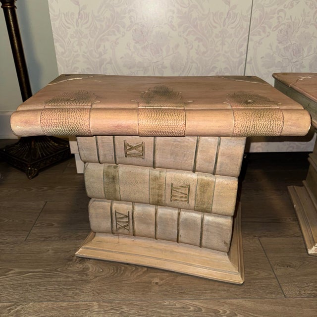 A gorgeous matched pair of vintage 1980s Postmodern polychrome plaster side tables, masterfully sculpted to look like a...