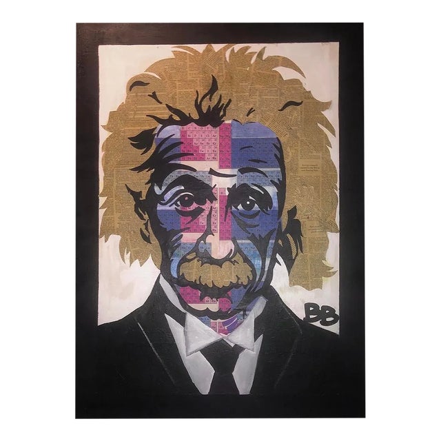 Sale! 80s Original Vintage Pop Art Albert Einstein Periodic Table Face Mixed Media Art Collage Portrait Painting by Muralist B. B. For Sale