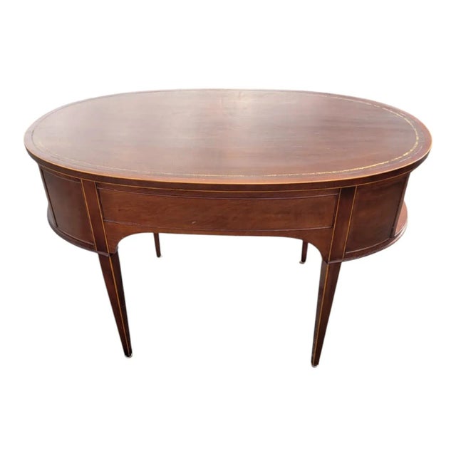 Hepplewhite 1920s English Hepplewhite Mahogany Oval Leather Top Writing Desk Inlaid & Drawer For Sale - Image 3 of 18