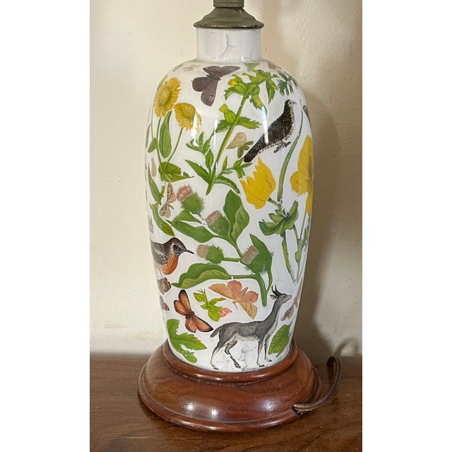 Antique English Victorian Decalcomania Reverse Painted Glass Vase Decorated With Birds, Butterflies, Flowers and a Deer Mounted as a Table Lamp For Sale - Image 12 of 12