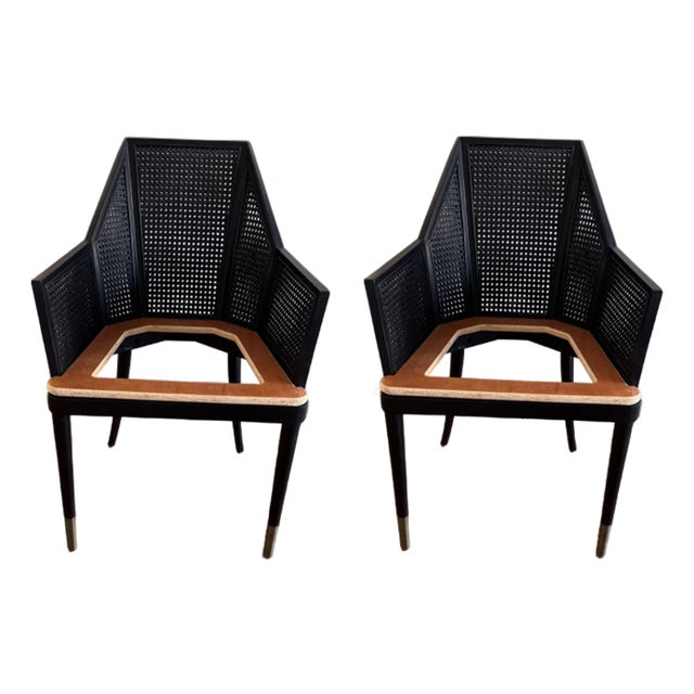 Cane Dining Armchairs by Kara Mann for McGuire/Baker Furniture, Milling Road Collection Pair For Sale
