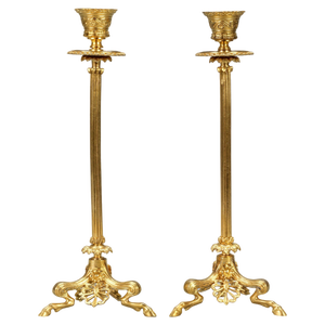 French Empire Gilt Bronze Candlesticks on Hoofed Faun Feet, 1890s, Set of 2