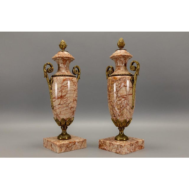 Neo-Classical French Pink Marble Urns with Bronze Mounts, 1920s, Set of 2 For Sale - Image 15 of 18