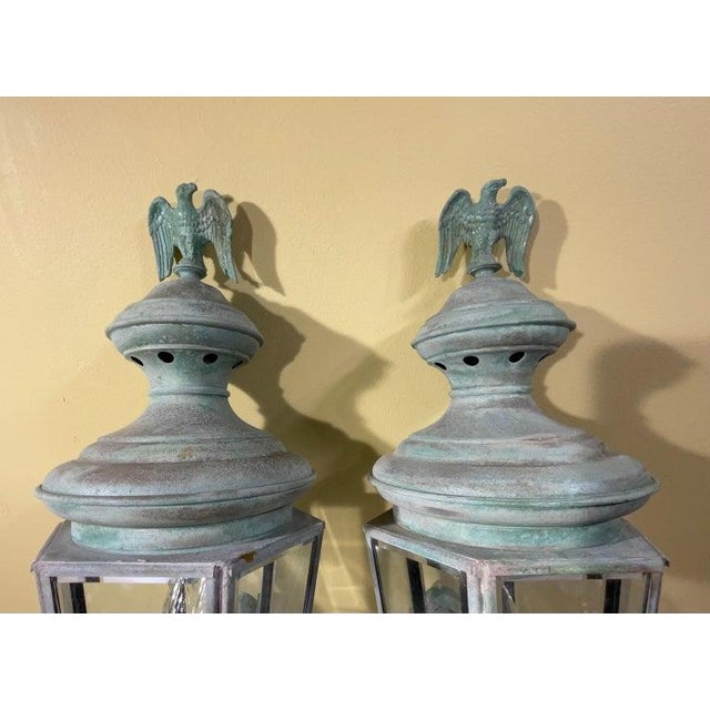 Magnificent Pair of Vintage Solid Brass Eagle-Topped Wall Lanterns For Sale - Image 4 of 17