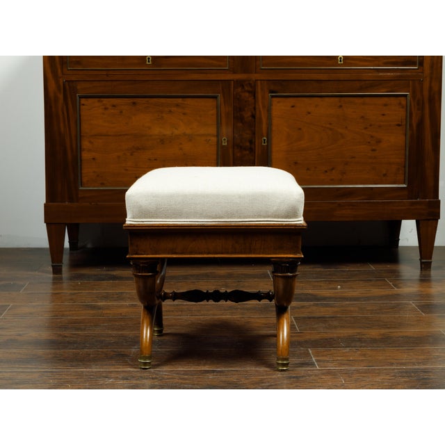 French 19th Century Walnut Curule Stool with Corinthian Capitals and Upholstery For Sale - Image 4 of 9