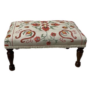 Antique Suzani Embroidered Footstool – Silk Hand-Stitched Needlepoint For Sale