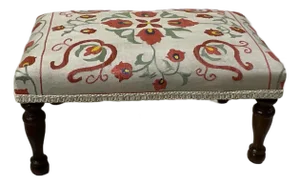 Antique Suzani Embroidered Footstool – Silk Hand-Stitched Needlepoint