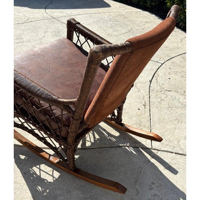 1930s Bar Harbor Wicker Rocking Chair W/ Leather Seat Cushion and Backing For Sale - Image 4 of 7
