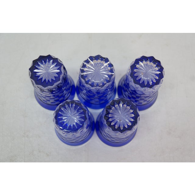 Late 20th Century Bohemian Blue Cut to Clear Crystal Polka Dot Shot Glasses Tumblers - Set of 5 For Sale - Image 4 of 11