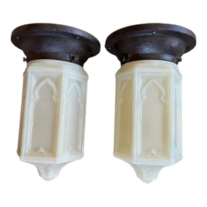Pair of Gothic Inspired Carmel Glass Fixture on Iron Holder, Circa 1920